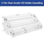Side angle of cascading acrylic storage rack displaying music jewel cases
