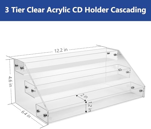 Side angle of cascading acrylic storage rack displaying music jewel cases