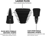 Black silicone cleaning stoppers for sealing male and female glass joints.