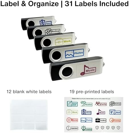 Enfain black swivel thumb drives arranged neatly with included multi-color organizing labels
