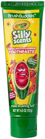 Imported Brush Buddies Crayola Silly Scents toothpaste packaging showing ingredients and usage.