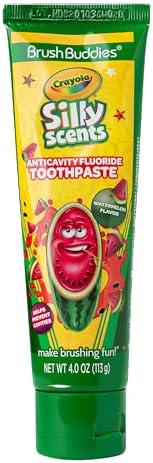 Imported Brush Buddies Crayola Silly Scents toothpaste packaging showing ingredients and usage.