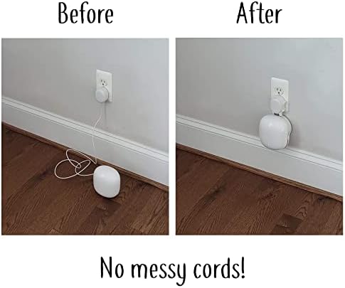 Side view of Mount Genie plastic holder stand plugged into a vertical electrical socket with hidden wires
