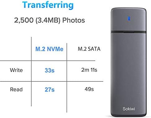 Sokiwi dual protocol external solid state drive adapter connected to a laptop with dual USB cables.