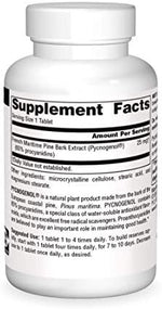 Back label of Source Naturals Pycnogenol showing ingredient facts and dosage directions.