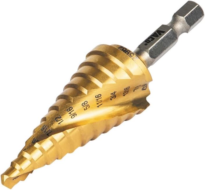 Klein Tools 25962 Step Drill Bit, 3/16 to 7/8-Inch, Spiral Double-Fluted, Cuts Thin Metal, Plastic, Aluminum, Wood, 1/4-Inch Hex Shank, VACO - Image 15