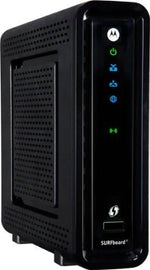 ARRIS SURFboard SBG6580 electronic gateway rear view showing four Gigabit Ethernet ports and coaxial connection