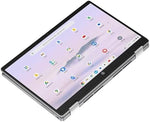 HP 14b x360 two in one laptop folded into tablet configuration highlighting slim silver chassis.