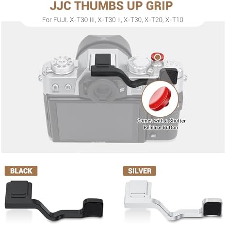 JJC ergonomic metal thumbs up handle with matching concave soft shutter button.