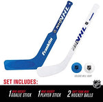 Two soft foam indoor balls and high impact plastic miniature hockey sticks arranged on a clean background.