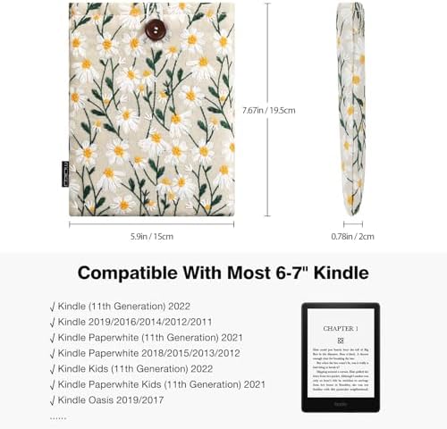 Beige cotton linen e-reader sleeve with white daisy embroidery