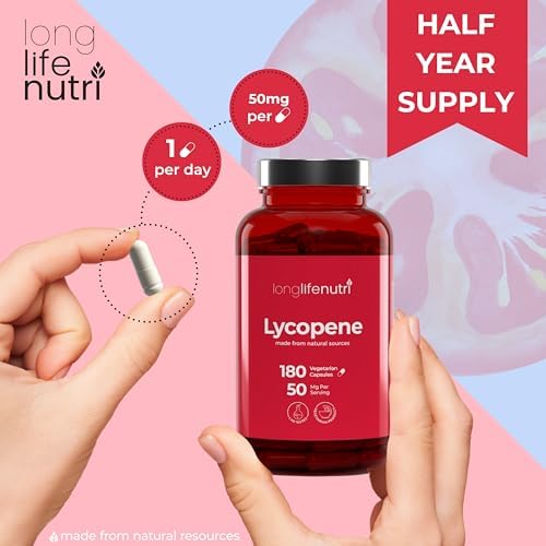 LongLifeNutri Lycopene 50mg packaging certification icons indicating gluten-free, soy-free, and made in USA status.