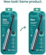 Close up view of the Quip oscillating brush head showing the dual length soft bristles and pressure sensor light