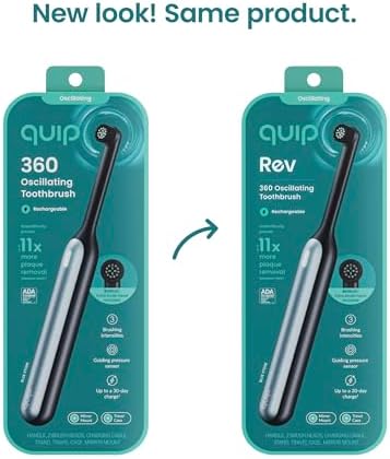 Close up view of the Quip oscillating brush head showing the dual length soft bristles and pressure sensor light