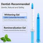 JTF teeth whitener kit components highlighting the five whitening gels and one remineralization syringe.