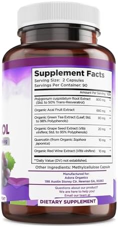 Biodora Resveratrol 180 capsules supplement bottle side view