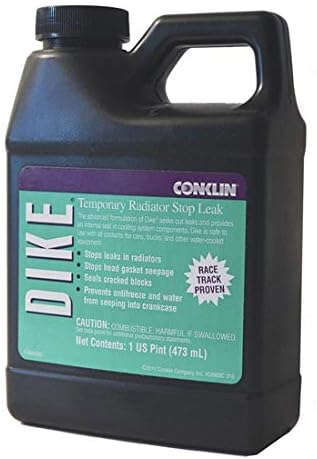 Parts Express Dike Radiator Stop Leak one pint bottle front view showing emergency cooling system sealant instructions.