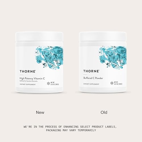 Scoop of white Thorne vitamin C powder next to the imported USA packaging