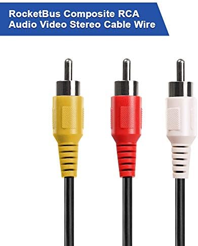RocketBus three RCA male to male AV cord showing molded yellow video and red white audio plugs.