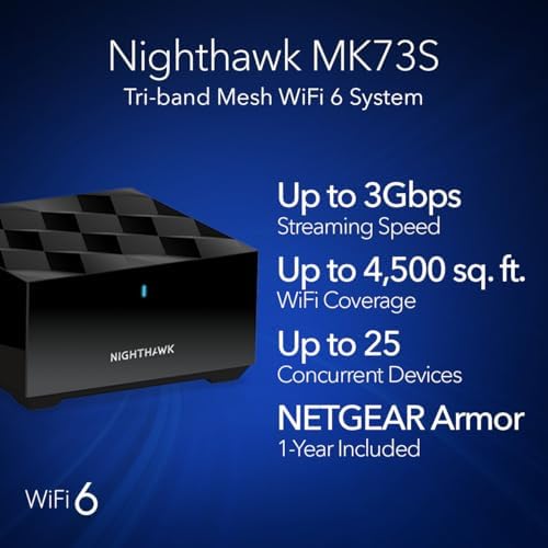 Netgear AX3000 tri-band mesh system showcasing the rear Gigabit Ethernet ports and power connections on the units.