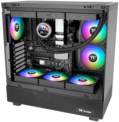 Thermaltake addressable LED computer fans connected together with a single motherboard sync wire.