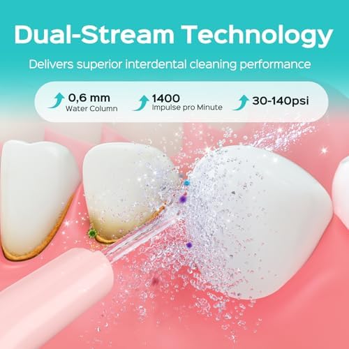 COSLUS pink oral irrigator with its 300 milliliter detachable water tank showing the fill port.