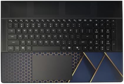 Premium 3M vinyl protective wrap in blue and gold honeycomb pattern applied on a gaming laptop.