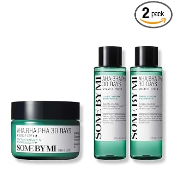 SOME BY MI AHA BHA PHA 30 Days Miracle Toner and Cream set front view showcasing the green packaging for acne care