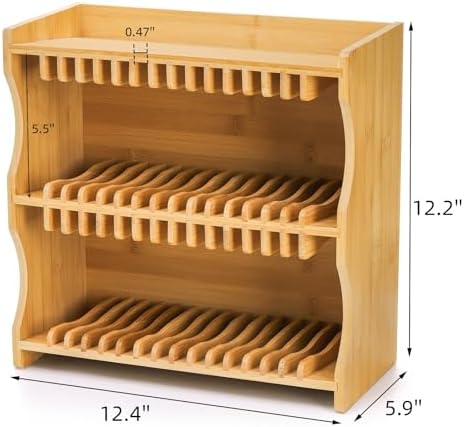 Two tier bamboo CD rack organizer holding movie cases on desk