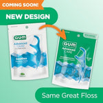 Close up of GUM dental flossers showing the shred-resistant mint flavored string.
