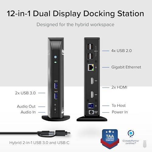 Plugable dual monitor docking station rear panel view displaying dual HDMI ports, USB 2.0 connections, and Gigabit Ethernet port.