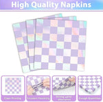 Iridescent party supplies displayed for a birthday celebration