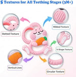 Duannick pink sensory teething toy packaging detailing the BPA-free and dishwasher-safe safety symbols.
