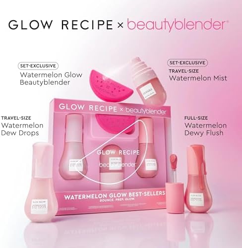 Glow Recipe Niacinamide Dew Drops bottle next to custom watermelon shaped makeup sponge