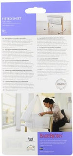 Organic white baby crib sheet highlighting the elasticated edge design.