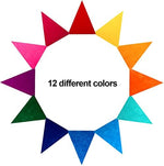 Bright multicolor triangle banner flags decorating a classroom wall for a festive celebration.