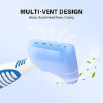 Flexible blue and white silicone toothbrush caps showing built-in air holes