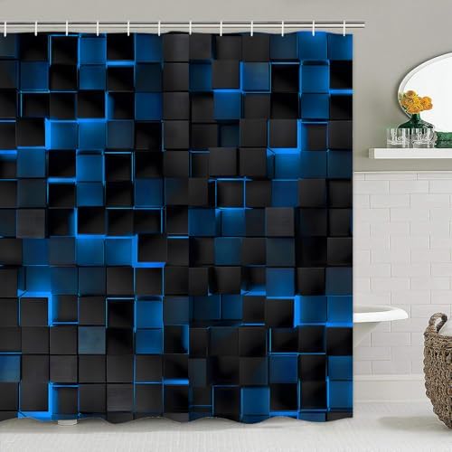 Modern black and blue geometric block design on waterproof bathroom curtain.