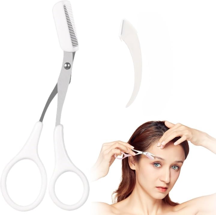 Generic eyebrow trimmer scissors with comb front view product shot