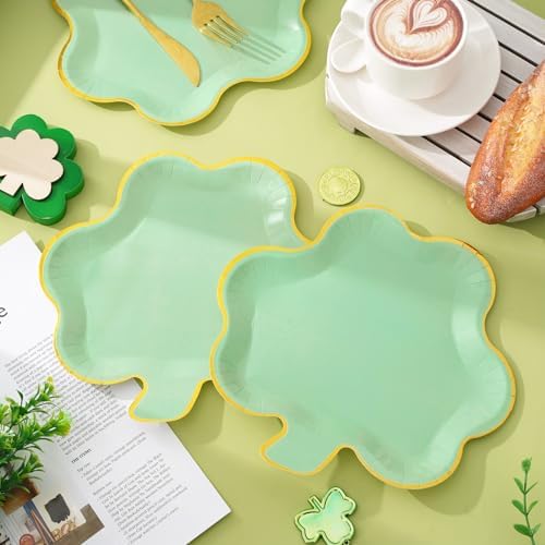 Whaline shamrock dinnerware arranged on a festive party table