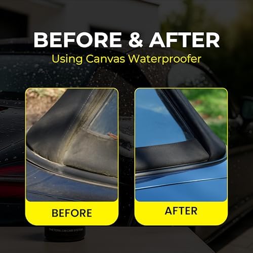 Automotive detailing process showing a fabric convertible roof being waterproofed in a professional workspace.
