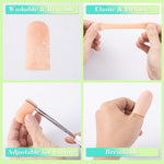 Ten pieces of PAGOW short beige silicone finger caps neatly arranged to show the full kit contents.