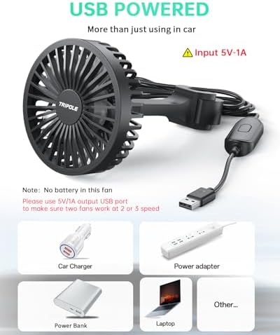 Compact black USB powered personal fan for car backseat ventilation