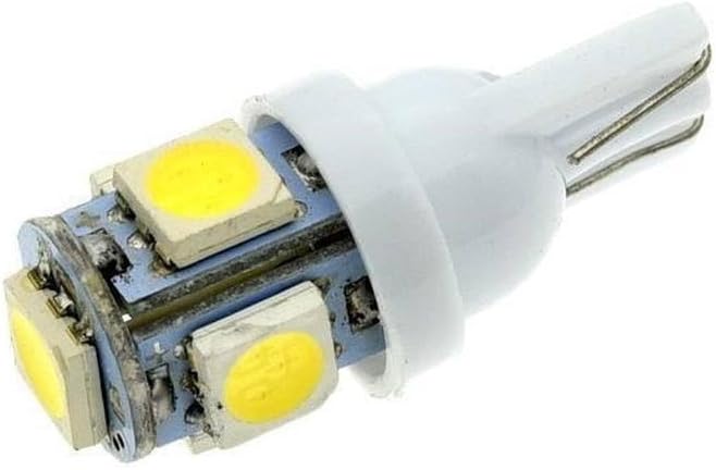 Generic T10 wedge LED light bulbs front view showing five surface mounted diode chips on a white background.