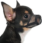 Black breathable mesh puppy muzzle showing adjustable nylon neck strap