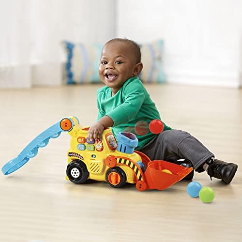 Packaging presentation of the imported VTech Pop-a-Balls bulldozer detailing age specifications and features