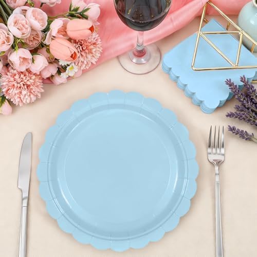 Top view of blue disposable plates and napkins on party table