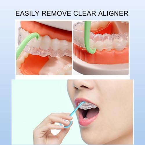Ergonomic plastic orthodontic hook remover tool for clear dental retainers close up view.