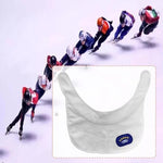 Close up view of the adjustable fastener on the STYLEHEAVEN short track speed skating safety collar.