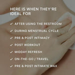 Individually wrapped PRIVATES wipes showing travel-friendly packaging for men and women